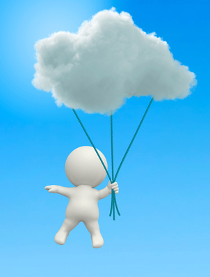 3D man hanging from a cloud