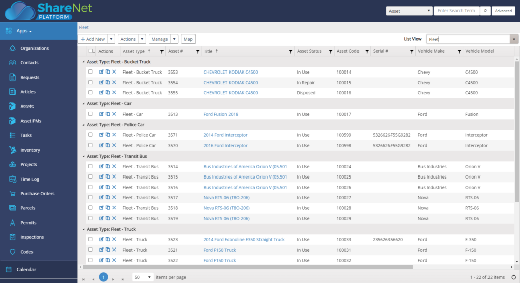 A county asset register in NovoGov showing work order history against each asset