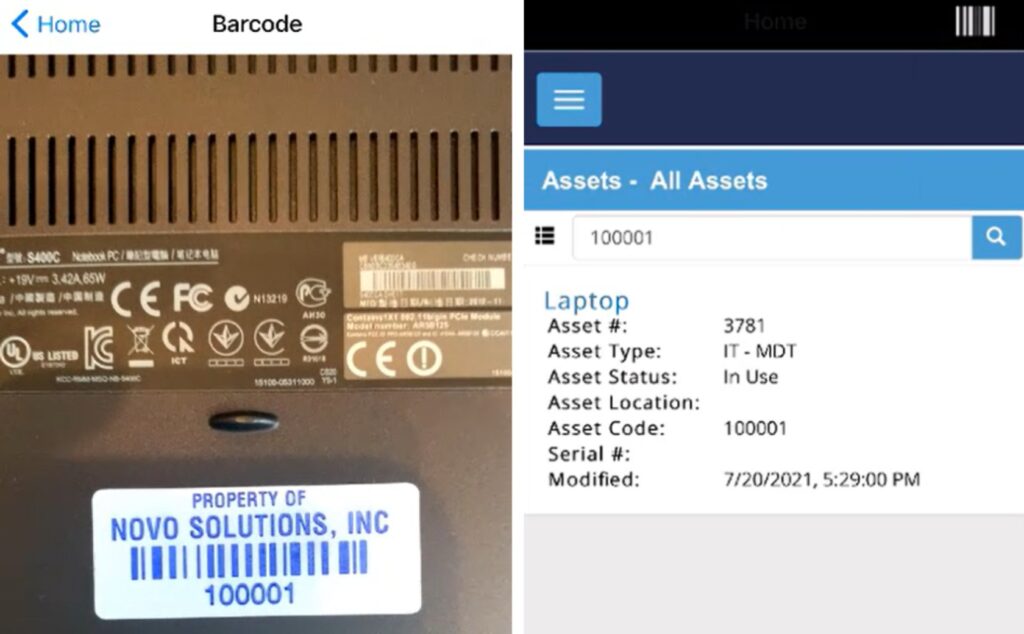 Barcode scanning of a county asset and its parts inventory in NovoGov