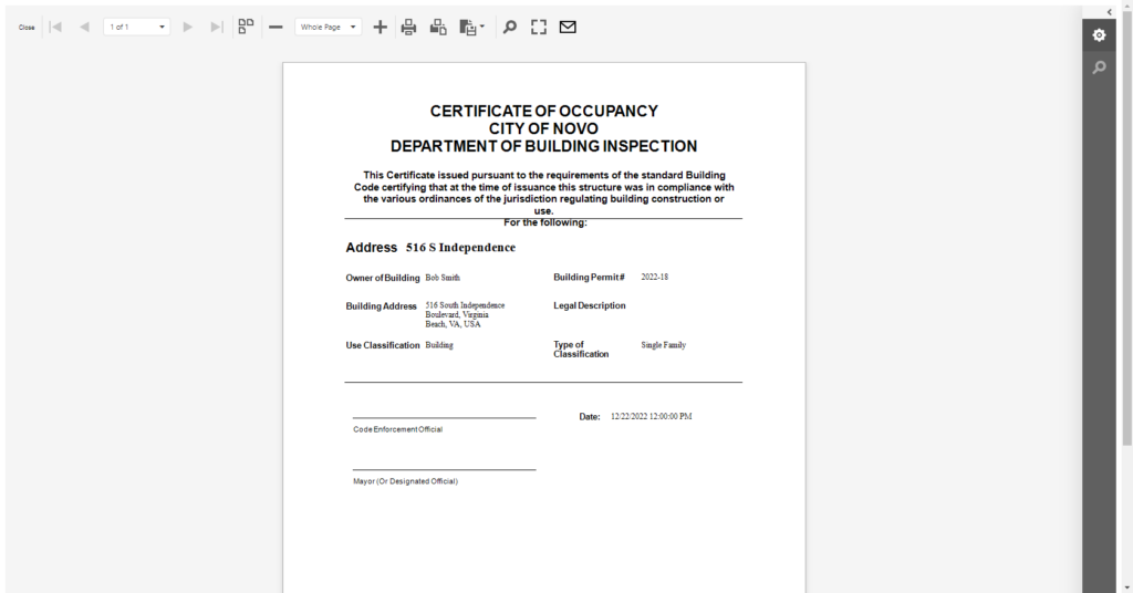 Certificate of occupancy generated from a building permit in NovoGov