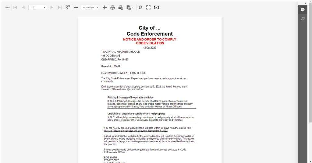 Code violation letter with mail merge fields in NovoGov