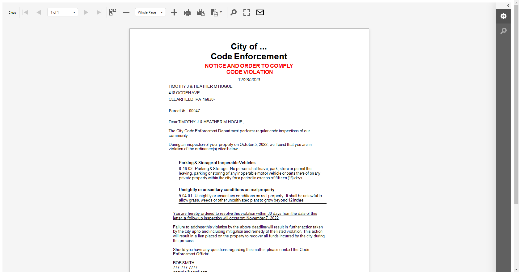 Code Violation Letter with Mail Merge