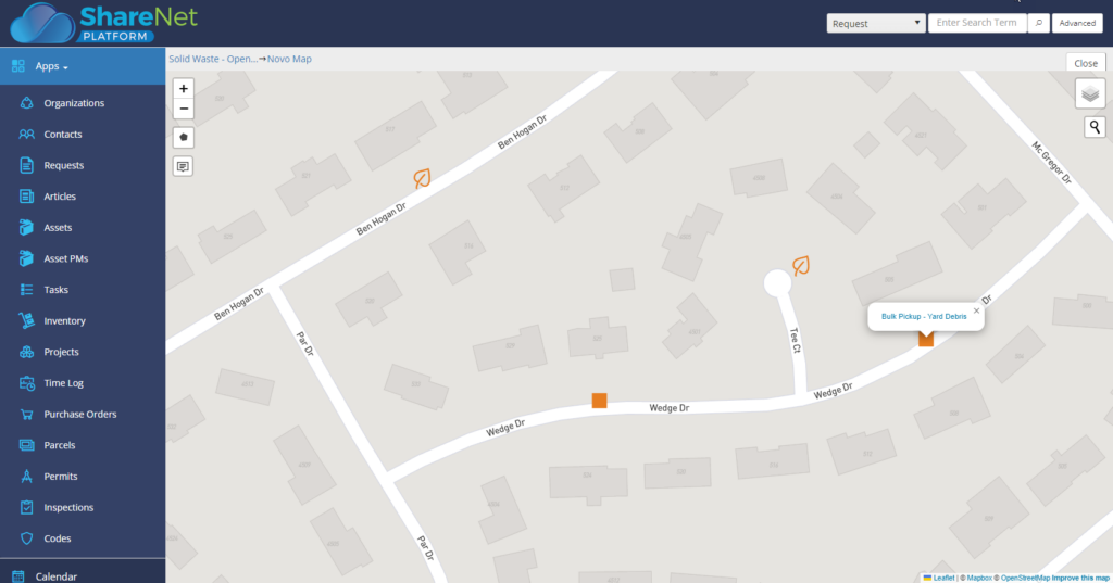 Bulk pickup items, trash carts, and containers plotted on a GIS map in NovoGov