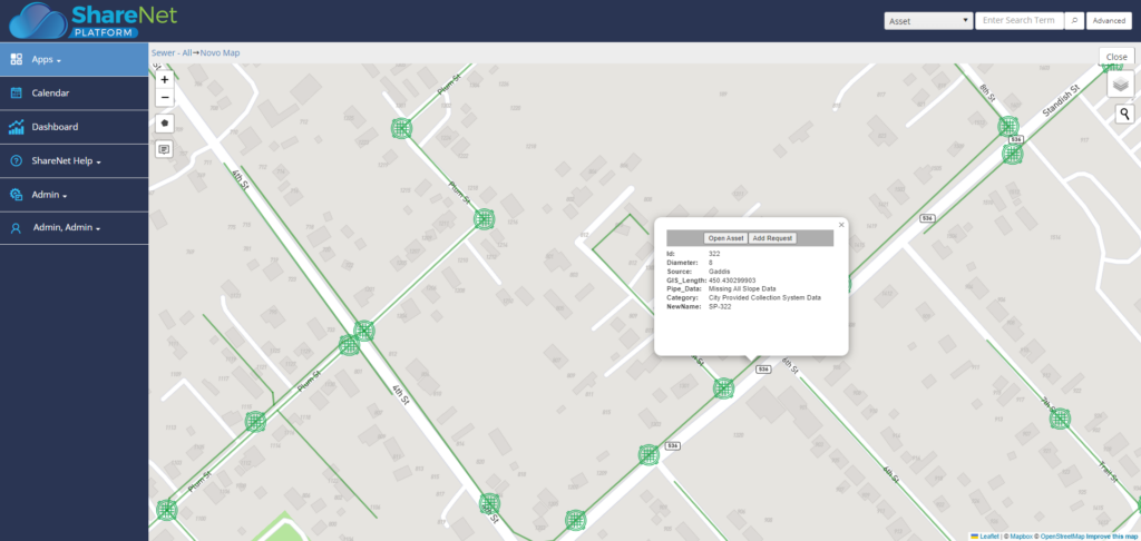 Wastewater assets mapped on an Esri GIS layer in NovoGov
