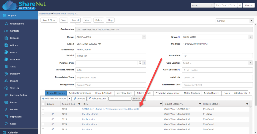 SCADA alert configured to create a wastewater work order automatically in NovoGov