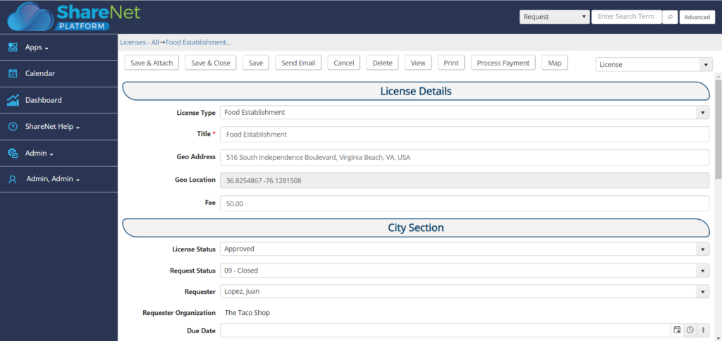 Business license form in the NovoGov community development software