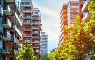 Asset manager oversees modern municipal properties with balconies, using software for effective asset management.