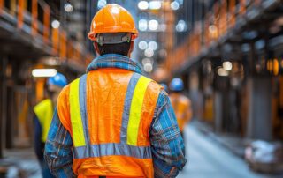 A public works operations crew member wearing an orange safety vest and hard hat, overseeing a team in an industrial facility, representing efficient municipal infrastructure management.