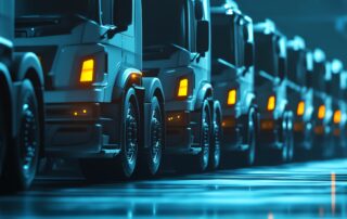 A row of modern fleet trucks representing the efficiency and control offered by fleet management software.