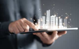 Person using a tablet with a 3D smart city hologram representing Local Government Software for efficient municipal management.
