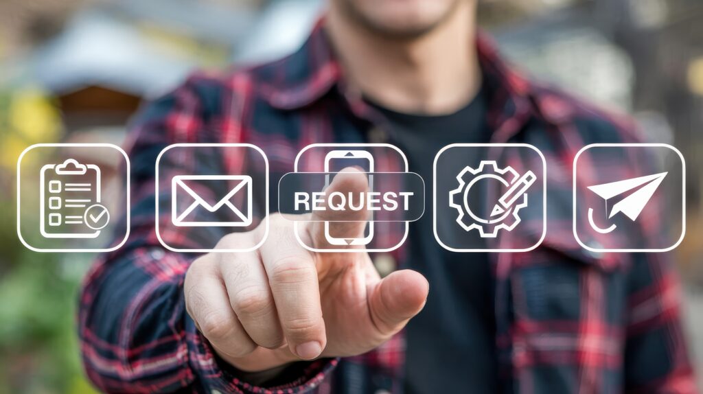 Person tapping a request icon in a row of service icons for forms, email, settings, and sending