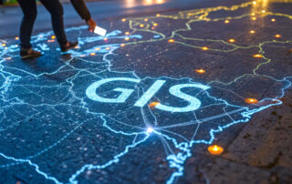 Glowing digital overlay showing work orders with GIS maps on a physical road surface for public works field operations.
