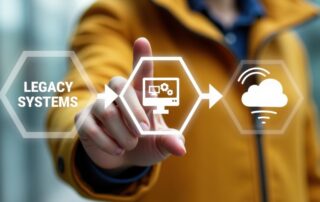 A person in a yellow jacket interacting with a digital interface showing a transition from 'LEGACY SYSTEMS' to cloud storage, visualizing the step-by-step process of how to migrate legacy data.