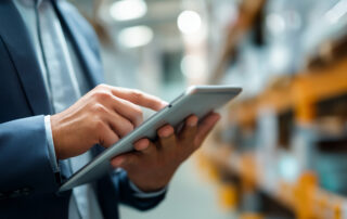 A close-up shot of a professional in a modern warehouse using a tablet, illustrating the process of how to build an asset register.