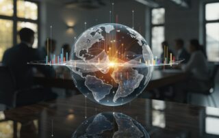 A digital hologram of a glowing earth and data charts floating in a boardroom, illustrating what municipal reports should show regarding global data connectivity, infrastructure, and urban analytics.