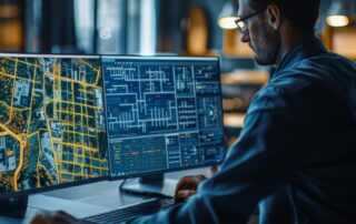 A professional using dual monitors to explain how to roll out municipal software with advanced GIS mapping and data analytics.