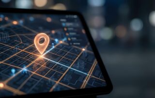 A digital tablet displaying a 3D map with a glowing location pin and data points, representing the geographic data and essential asset fields that municipalities should track for infrastructure management.