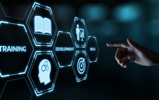 A hand points to a digital interface with icons for training, development, and skills, illustrating the step-by-step process of how to train non-technical staff on municipal software for improved user adoption.