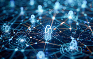 Glowing digital lock network representing how to evaluate the cybersecurity posture of municipal software vendors in 2026 for SOC 2 or NIST compliance.