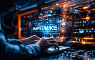 Hands typing on a laptop displaying a digital maintenance dashboard interface, used to reduce missed maintenance tasks in public works.