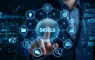 A professional selecting a digital skills node surrounded by brain and data icons, representing the adoption of AI skills in public works.