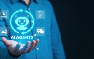 A person holding an open hand presenting a glowing AI agents icon loop, representing a smart AI agentic workflow in public works operations.