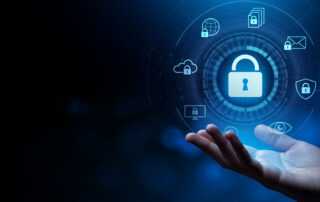 A hand presenting a glowing digital padlock and data security icons, symbolizing strategies to defend against cyber threats in public works.