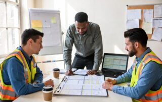 A manager reviewing printed schedules with two field workers wearing safety vests, demonstrating how to coordinate multi crews effectively.